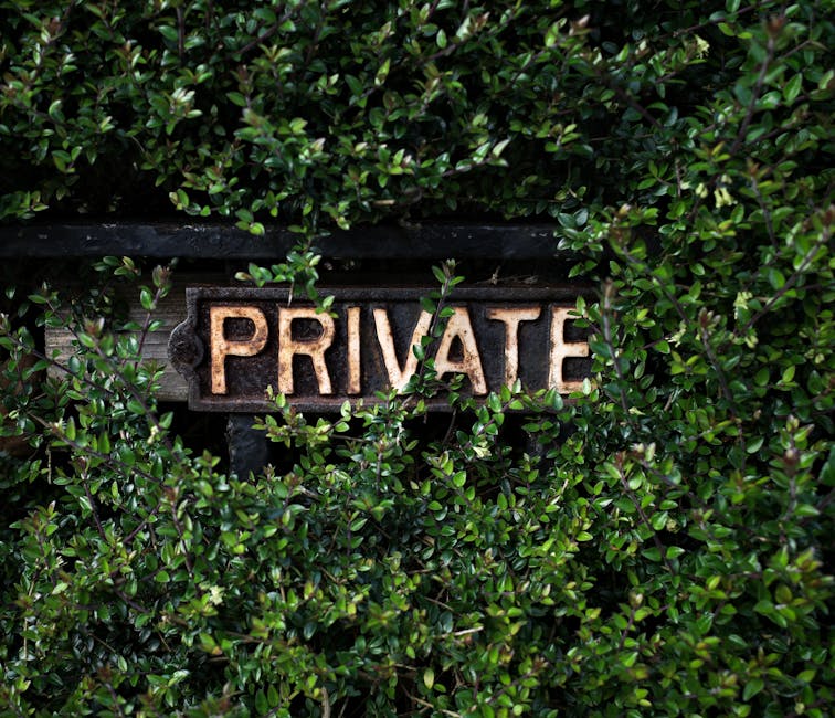A weathered, rust-colored metal sign displaying the word 'PRIVATE' in capital letters is mounted on a dark wooden plank. The sign is partially obscured by lush, dense green foliage consisting of small